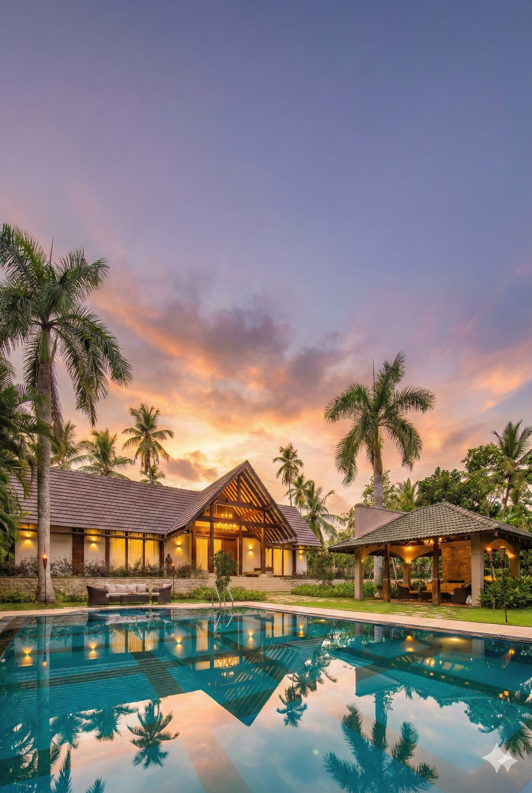 A cantilevered modernist villa above a tropical reflecting pool at golden hour