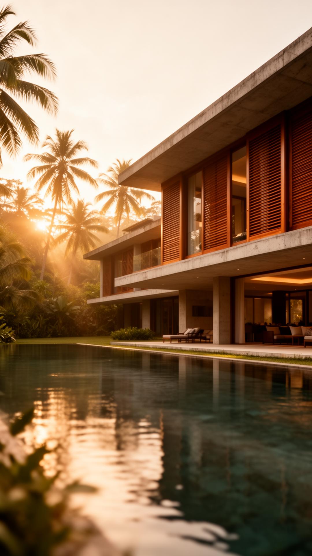 A cantilevered modernist villa above a tropical reflecting pool at golden hour